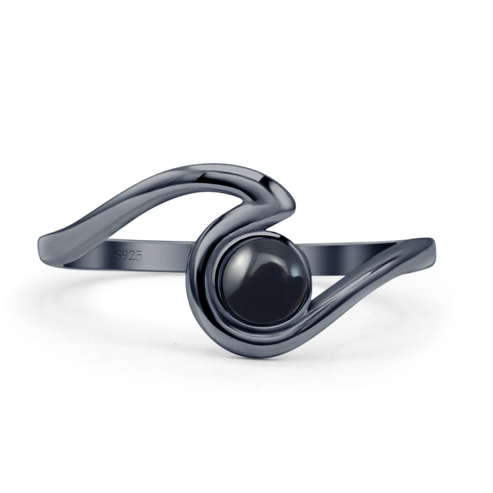 Round 9.5mm Black Agate Wave Ring Oxidized 925 Sterling Silver