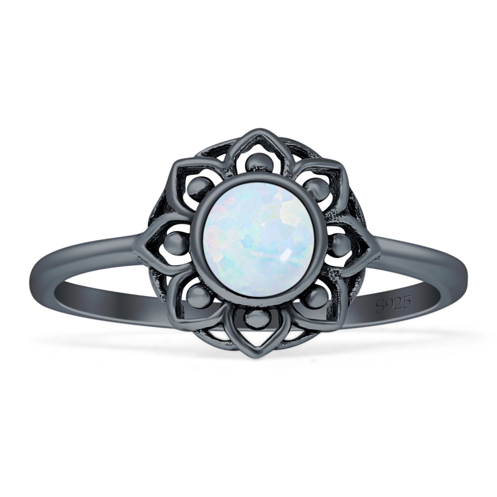 Lotus Flower Mandala Ring Lab Created White Opal Oxidized 925 Sterling Silver