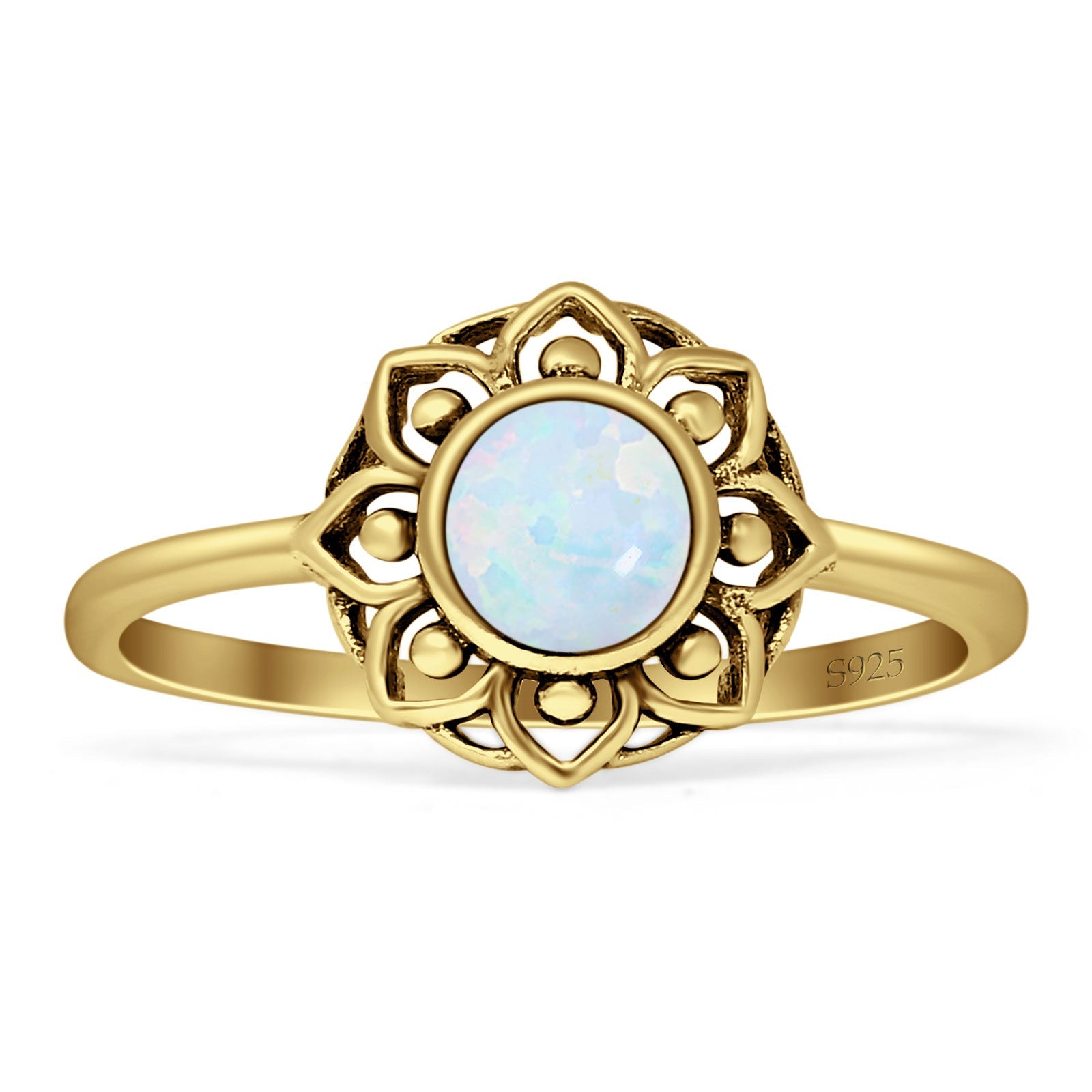 Lotus Flower Mandala Ring Lab Created White Opal Oxidized 925 Sterling Silver