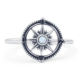 Minimalist 12mm Round Lab Created White Opal Compass Ring Oxidized 925 Sterling Silver