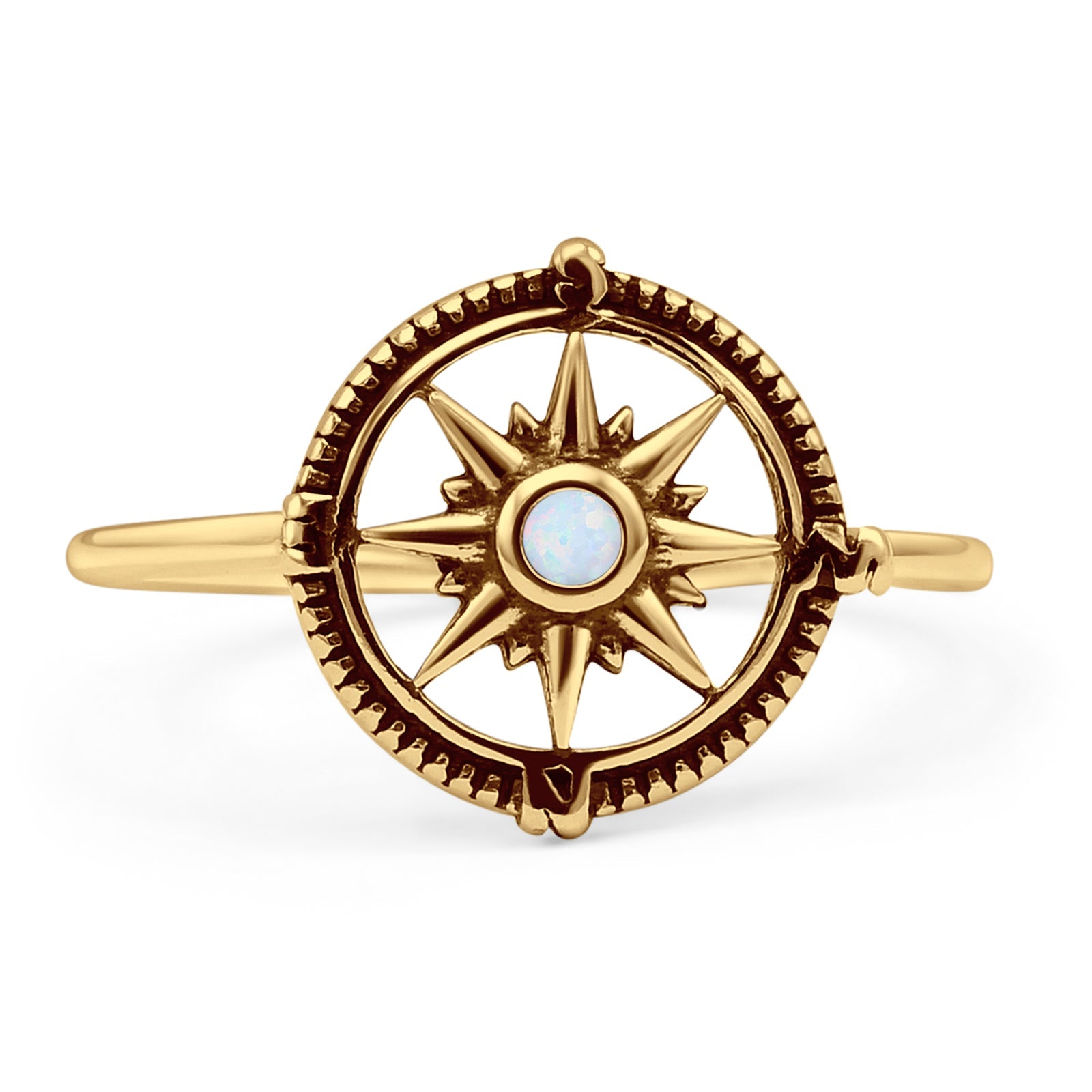 Minimalist 12mm Round Lab Created White Opal Compass Ring Oxidized 925 Sterling Silver