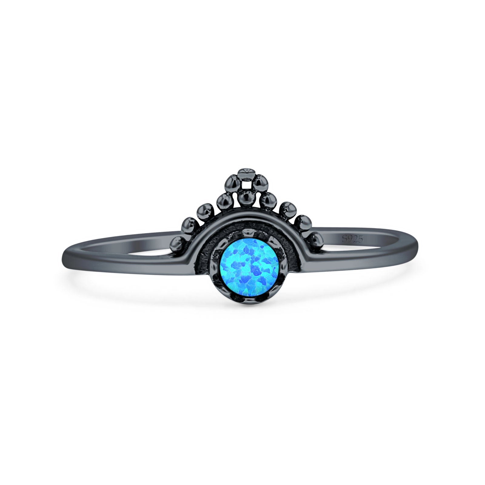 Minimalist 8mm Lab Created Blue Opal Beaded Bali Ring 925 Sterling Silver