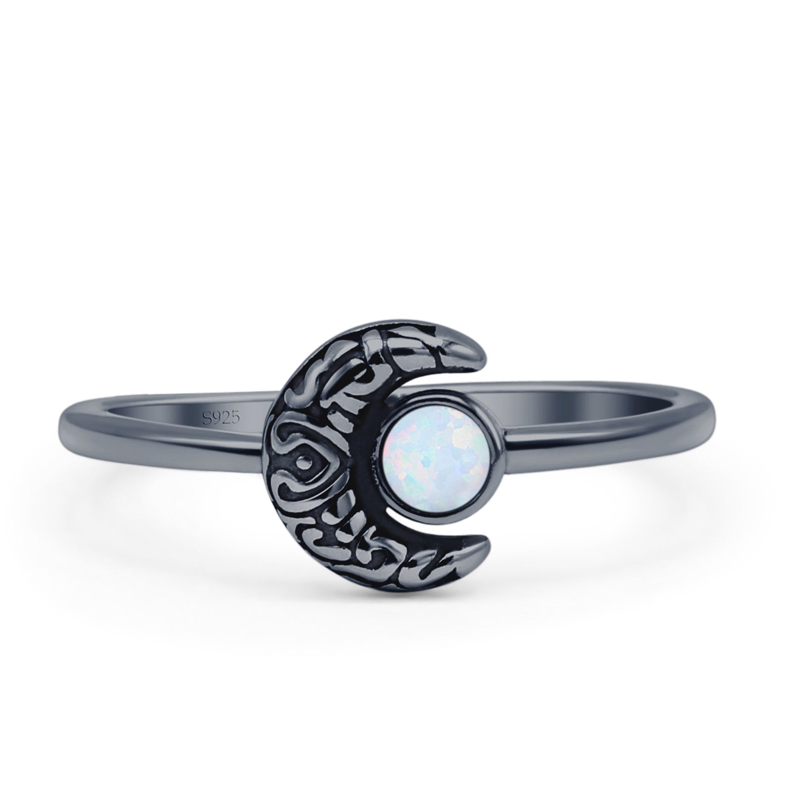 Minimalist 8mm Round Lab Created White Opal Crescent Moon Ring 925 Sterling Silver