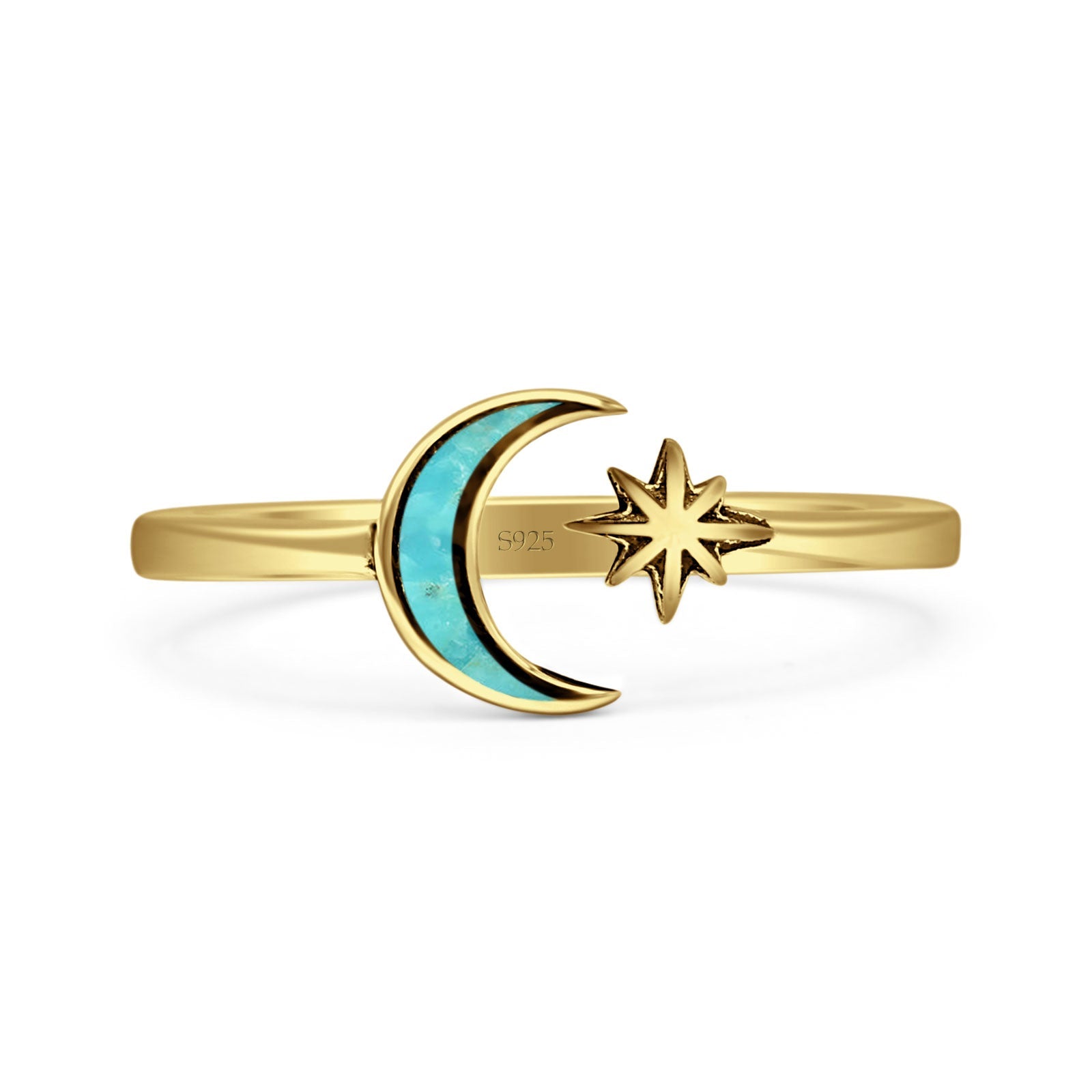 Minimalist 8mm Turquoise Moon & Star Ring 925 Sterling Silver
