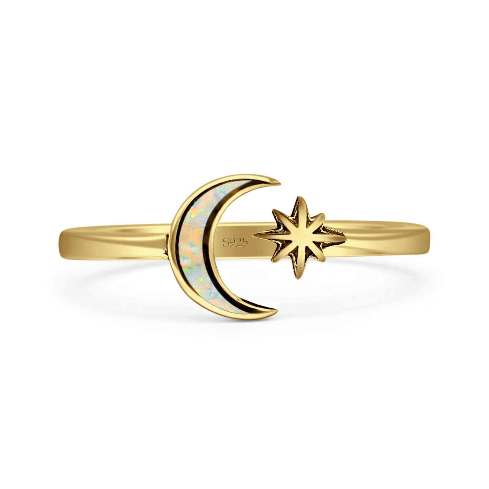 Minimalist 8mm Lab Created White Opal Moon & Star Ring 925 Sterling Silver