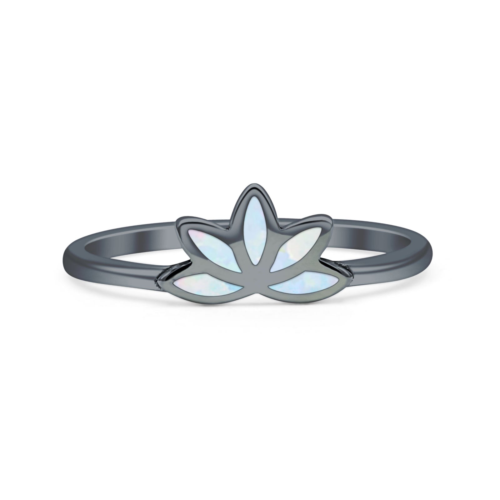 Minimalist 6mm Lab Created White Opal Lotus Ring 925 Sterling Silver