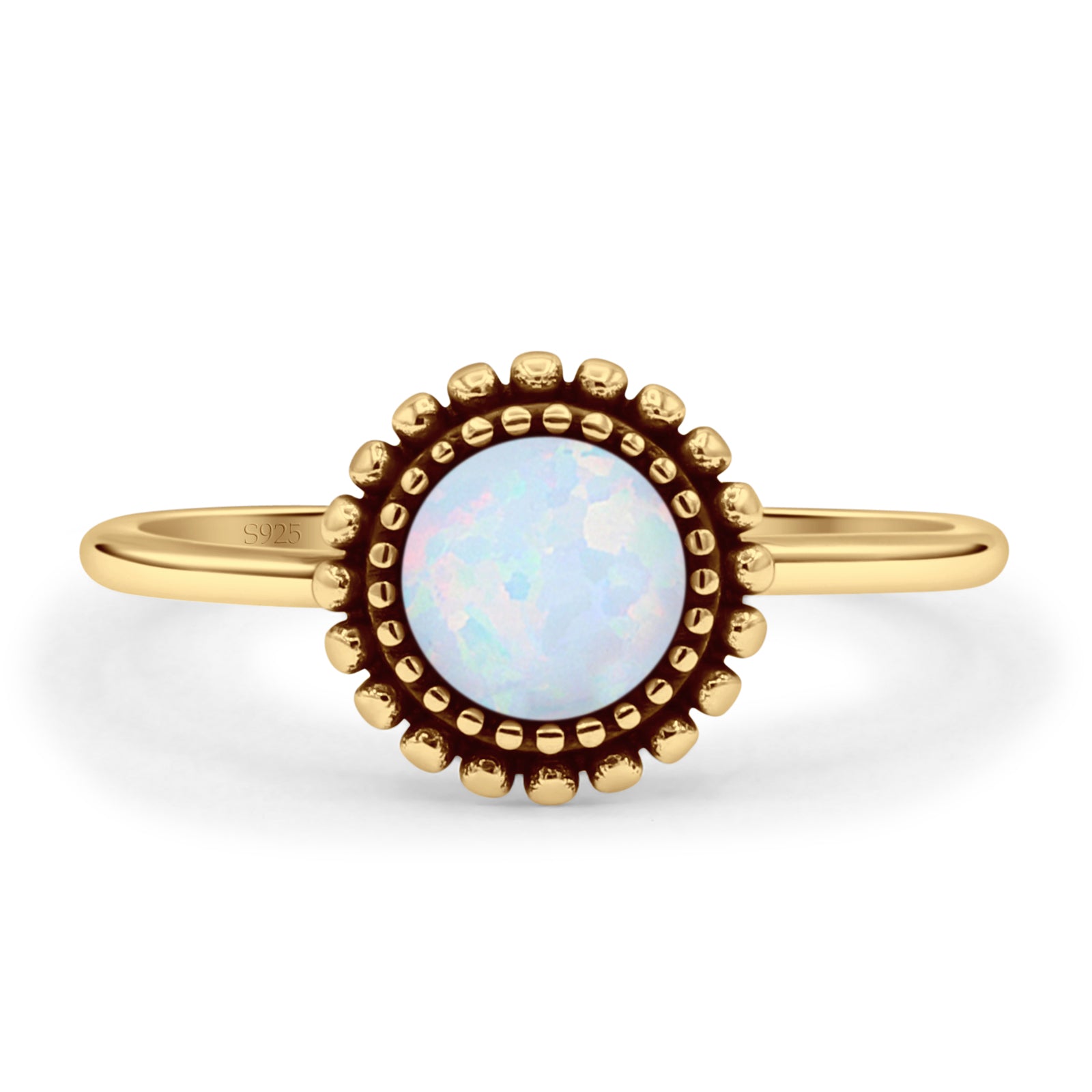 Minimalist 10mm Round Lab Created White Opal Beaded Ring 925 Sterling Silver