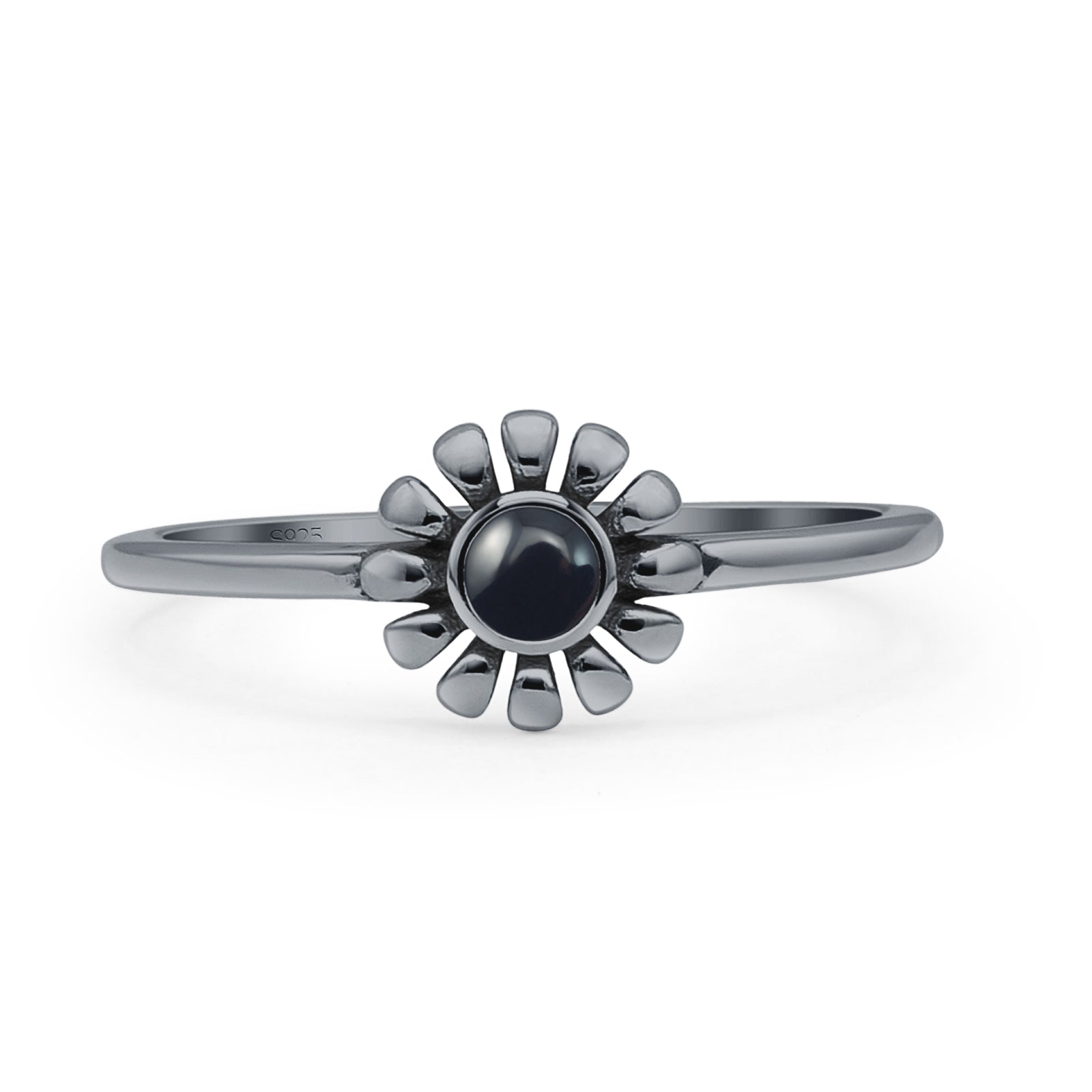 Round 7.5mm Black Agate Sunflower Ring Oxidized 925 Sterling Silver