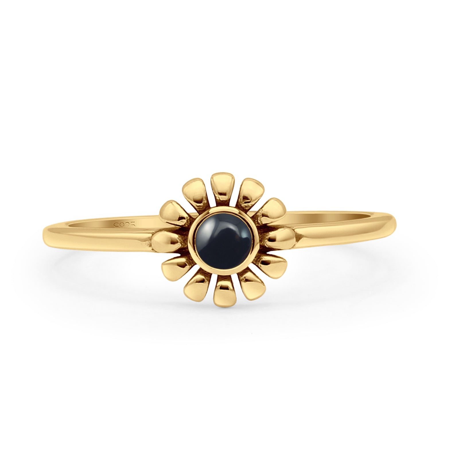 Round 7.5mm Black Agate Sunflower Ring Oxidized 925 Sterling Silver