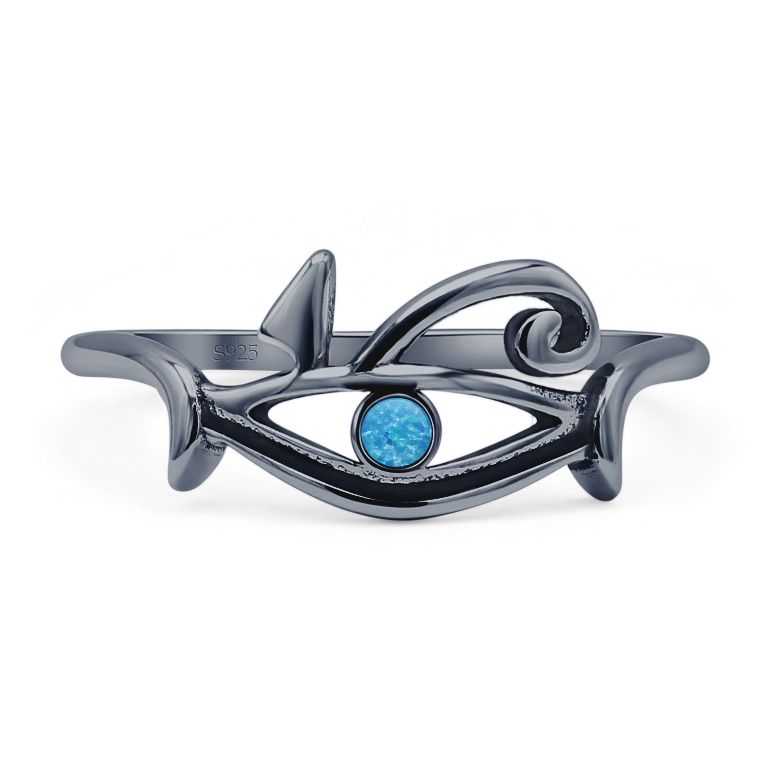 Round Lab Created Blue Opal Vintage Eye Of Horus Ring Oxidized 925 Sterling Silver