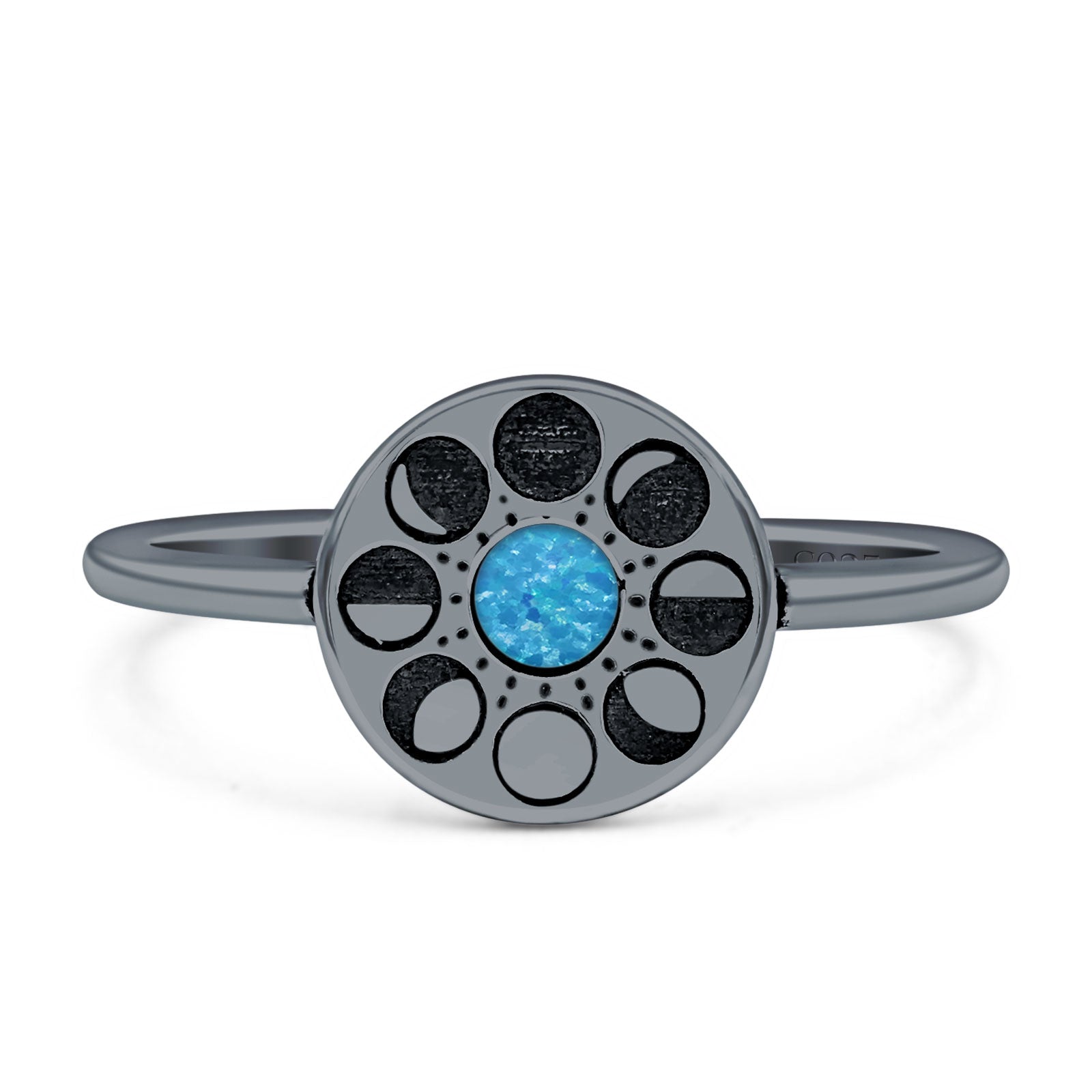 Moon Phases Ring 10mm Oxidized Round Lab Created Opal 925 Sterling Silver