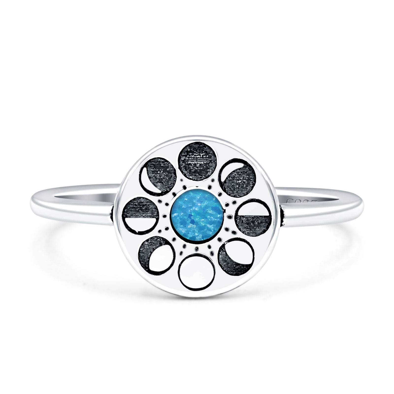 Moon Phases Ring 10mm Oxidized Round Lab Created Opal 925 Sterling Silver