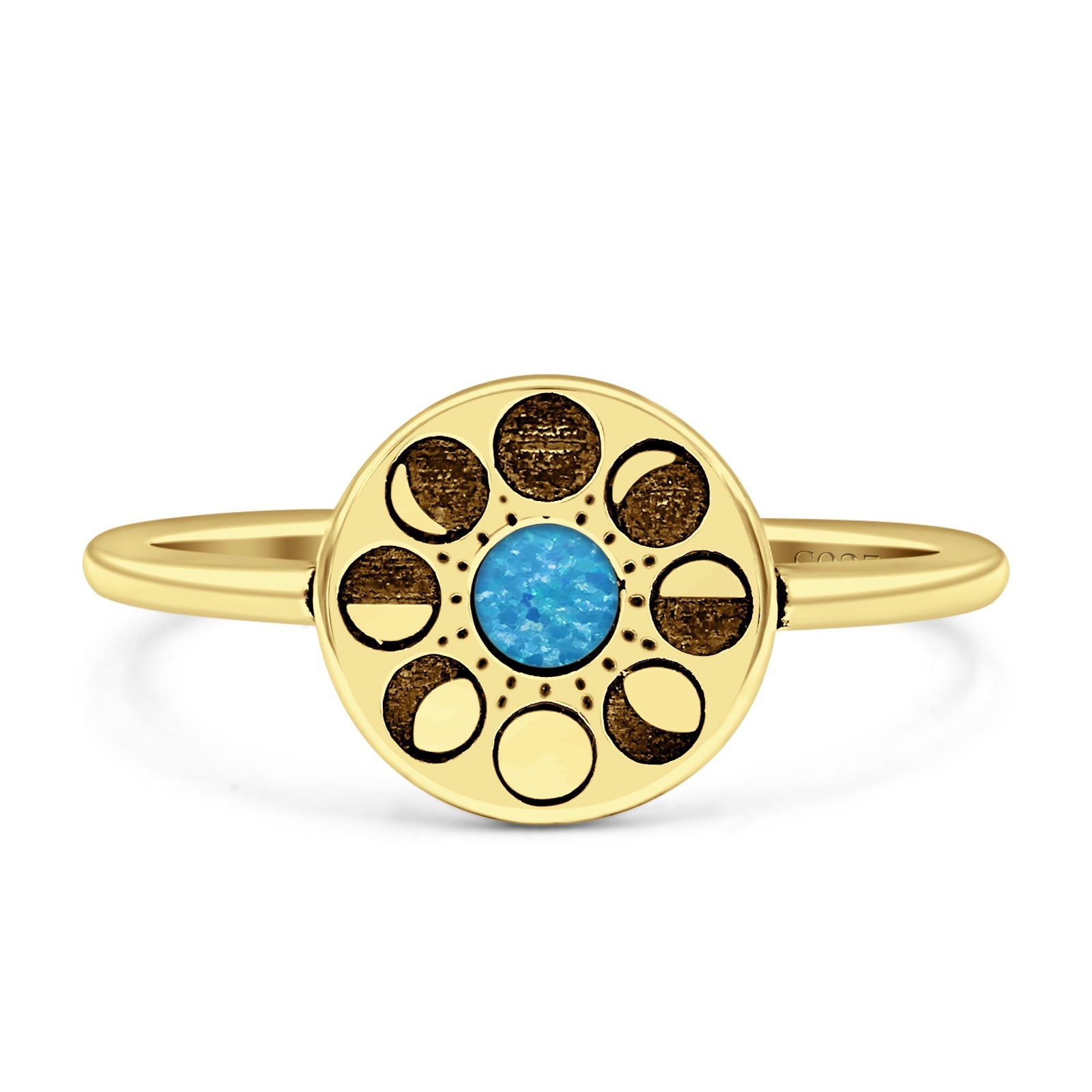 Moon Phases Ring 10mm Oxidized Round Lab Created Opal 925 Sterling Silver
