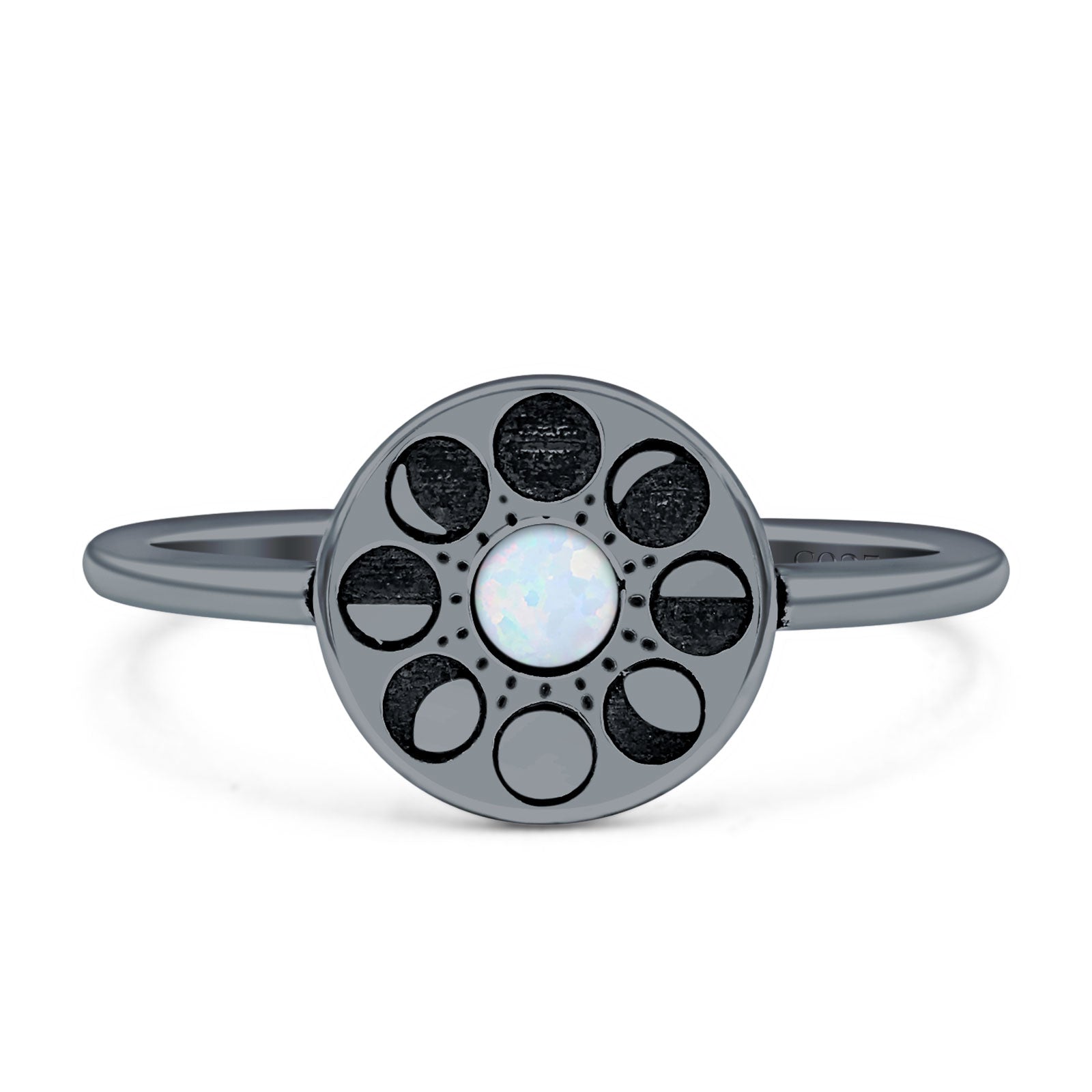 Moon Phases Ring 10mm Oxidized Round Lab Created Opal 925 Sterling Silver