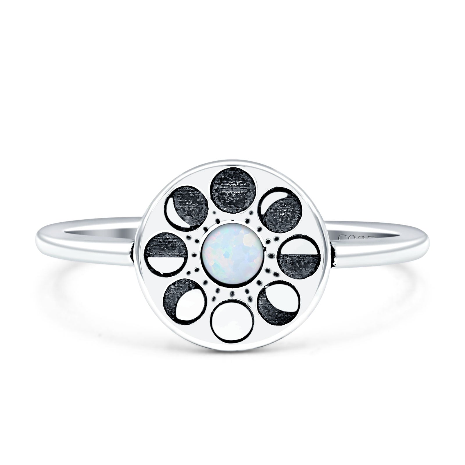 Moon Phases Ring 10mm Oxidized Round Lab Created Opal 925 Sterling Silver