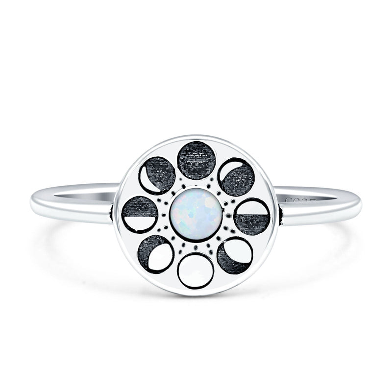 Moon Phases Ring 10mm Oxidized Round Lab Created Opal 925 Sterling Silver