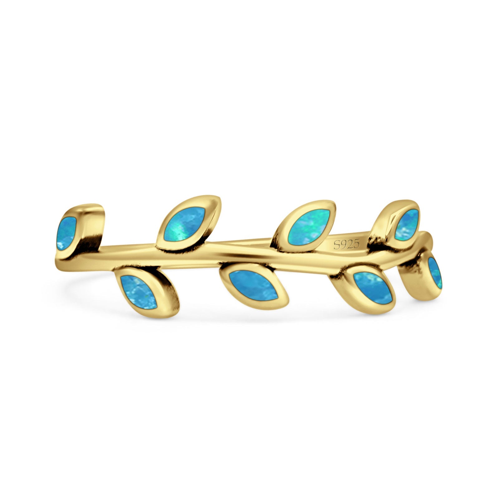 Minimalist 6mm Lab Created Blue Opal Leaf Band Oxidized Ring 925 Sterling Silver