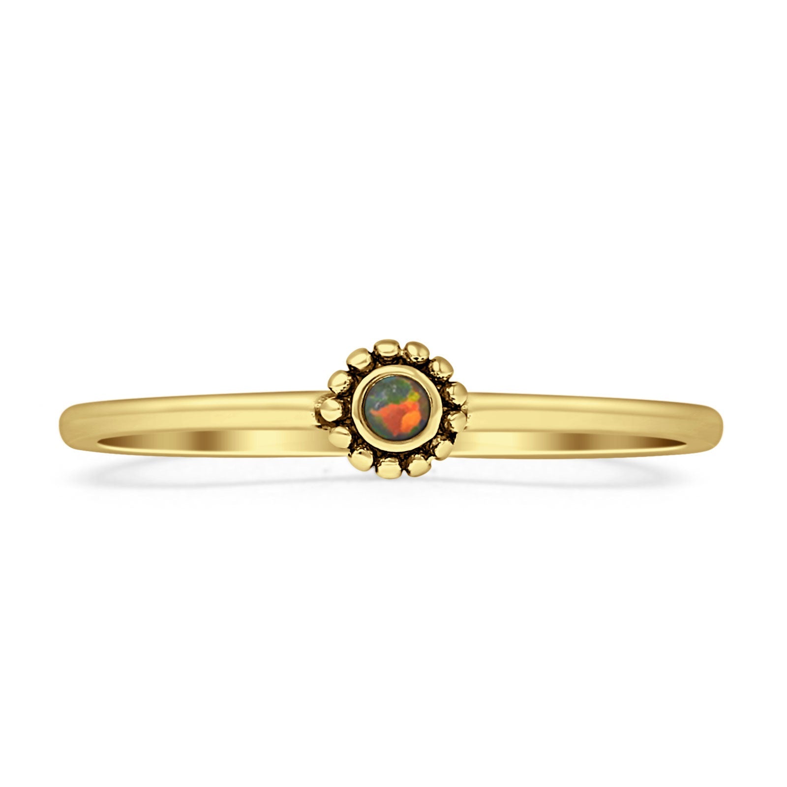 Round Lab Created Black Opal Oxidized Beaded Ring 925 Sterling Silver