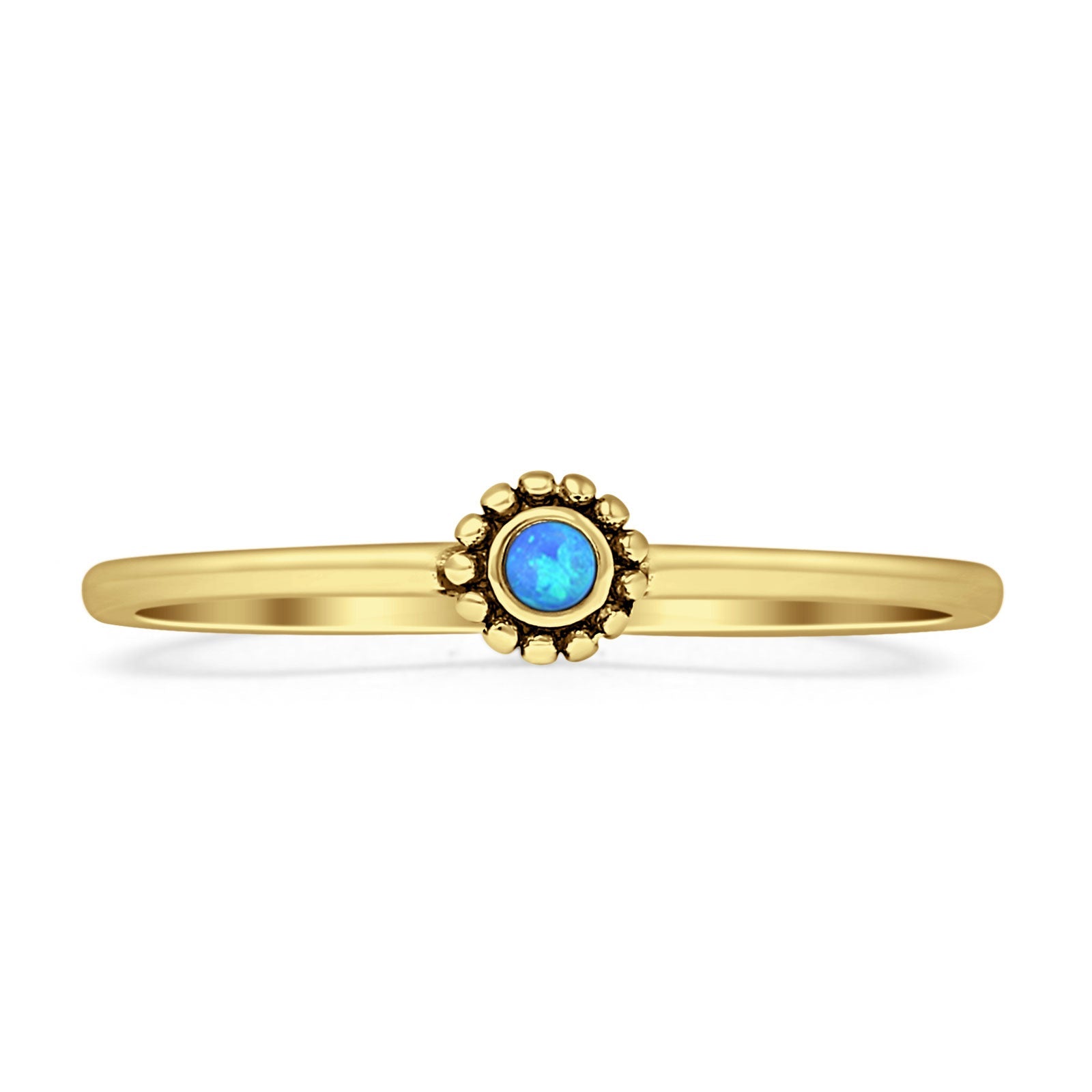 Round Lab Created Blue Opal Oxidized Beaded Ring 925 Sterling Silver