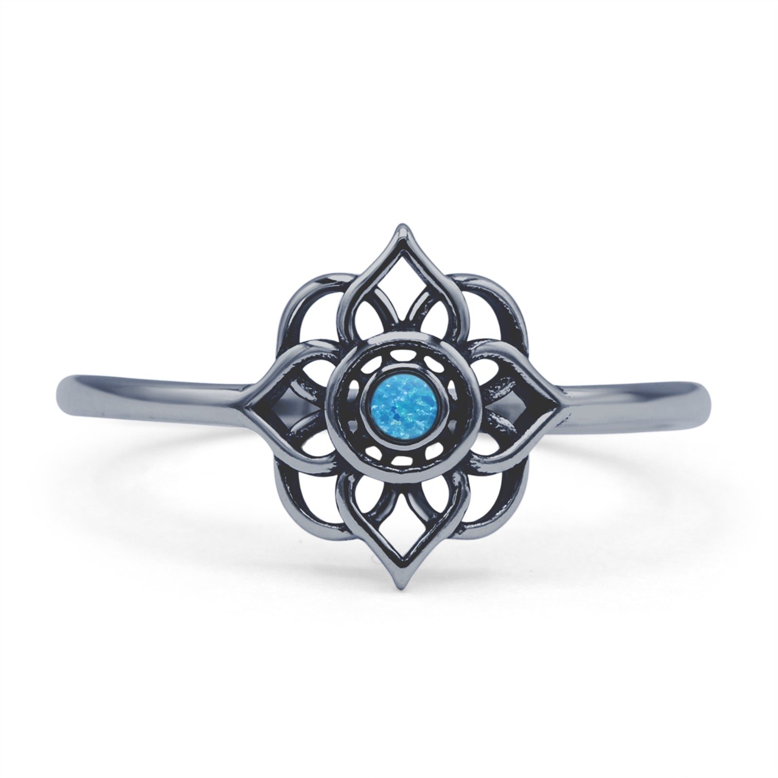 Round Lab Created Blue Opal Flower Ring Filigree Oxidized 925 Sterling Silver
