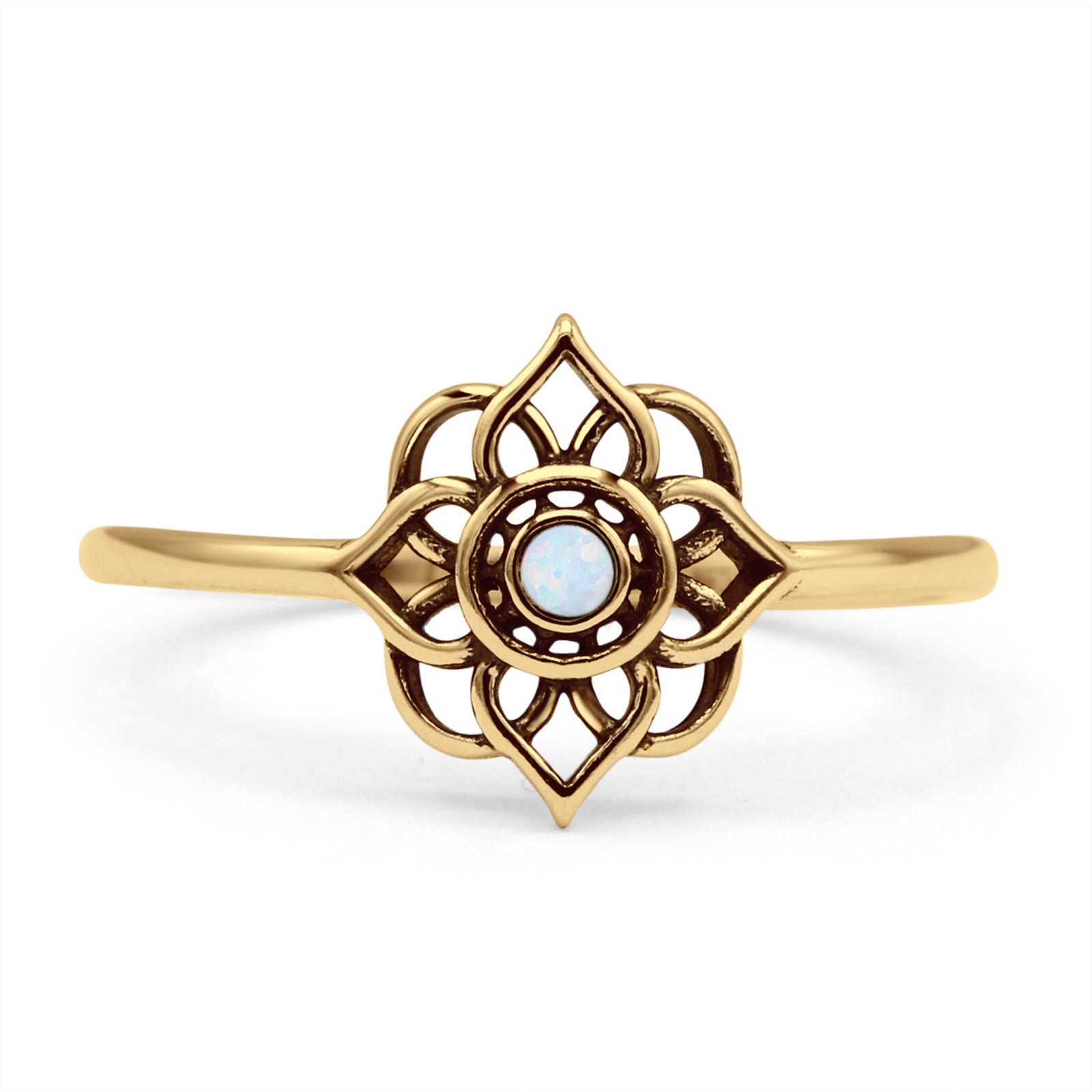 Round Lab Created White Opal Flower Ring Filigree Oxidized 925 Sterling Silver