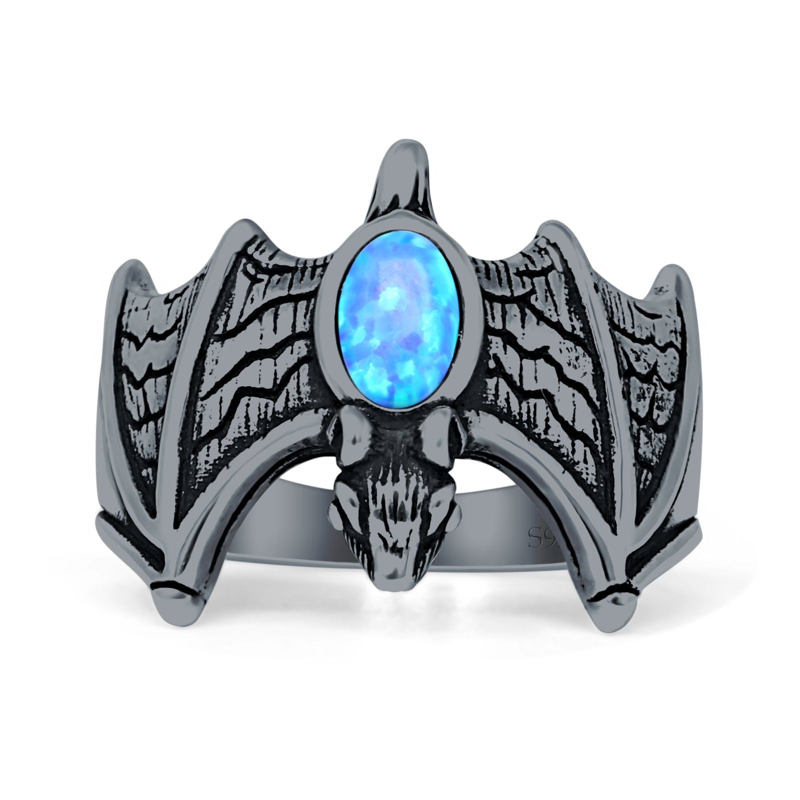 Oval 16mm Lab Created Blue Opal Flying Bat Oxidized Ring 925 Sterling Silver