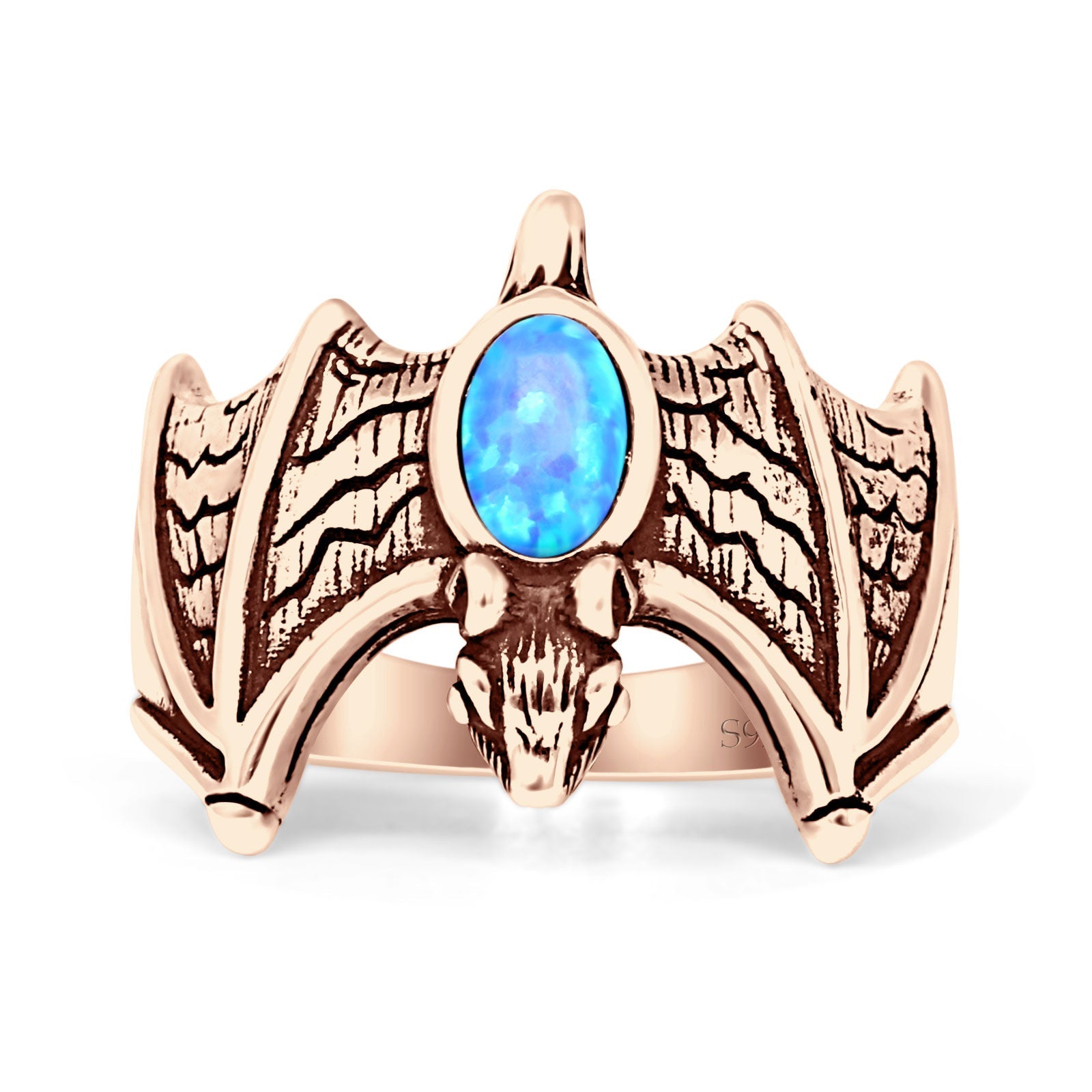 Oval 16mm Lab Created Blue Opal Flying Bat Oxidized Ring 925 Sterling Silver