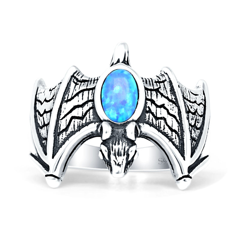 Oval 16mm Lab Created Blue Opal Flying Bat Oxidized Ring 925 Sterling Silver