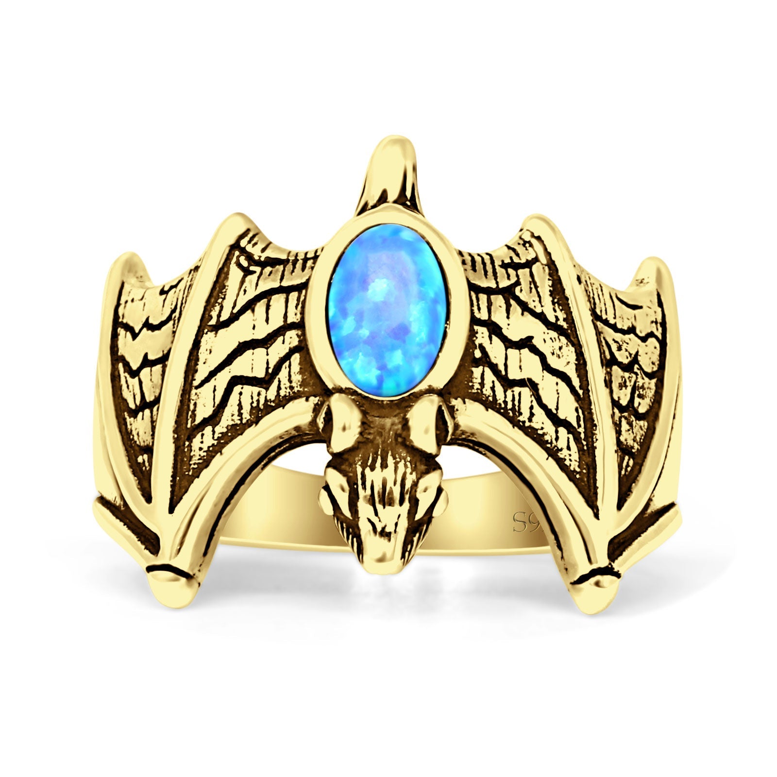 Oval 16mm Lab Created Blue Opal Flying Bat Oxidized Ring 925 Sterling Silver