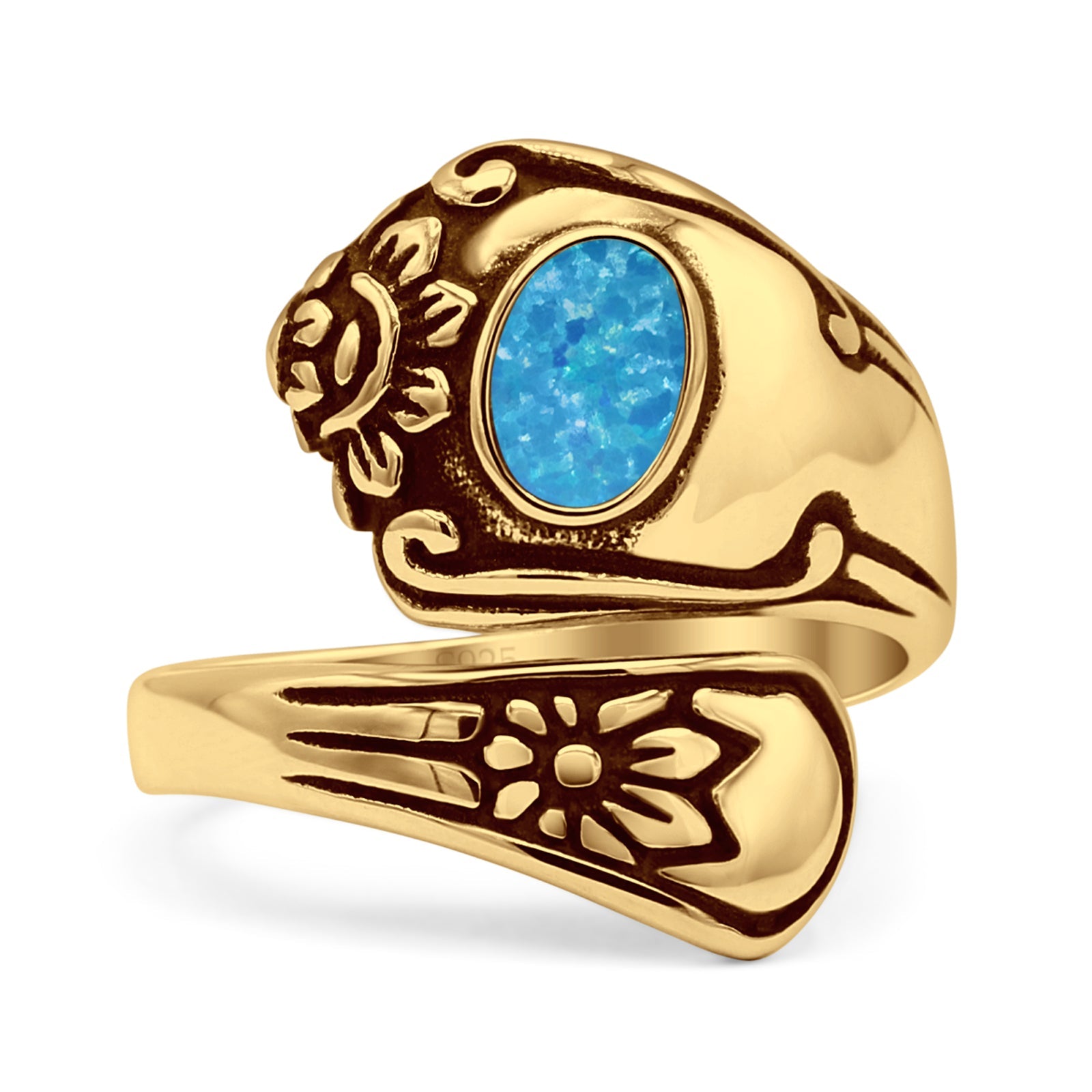 Oval Lab Created Blue Opal Vintage Spoon Ring Oxidized 925 Sterling Silver