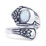 Oval Lab Created White Opal Vintage Spoon Ring Oxidized 925 Sterling Silver