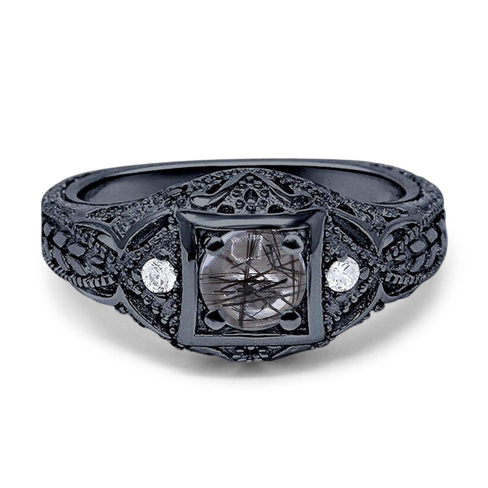 Art Deco Round Natural Stone Filigree Ring