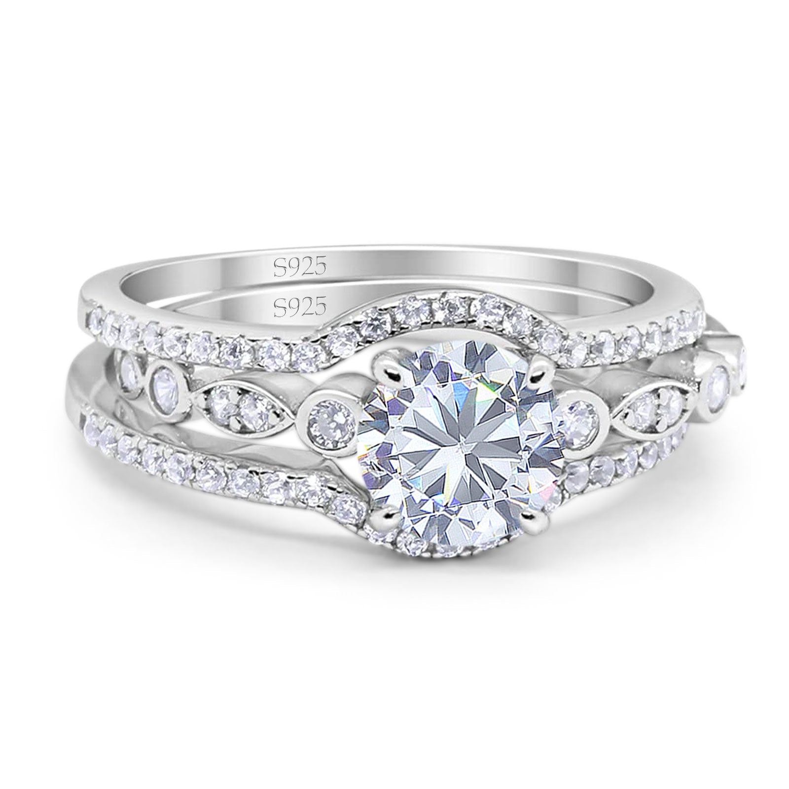Three Piece Round Natural Stone Bridal Ring