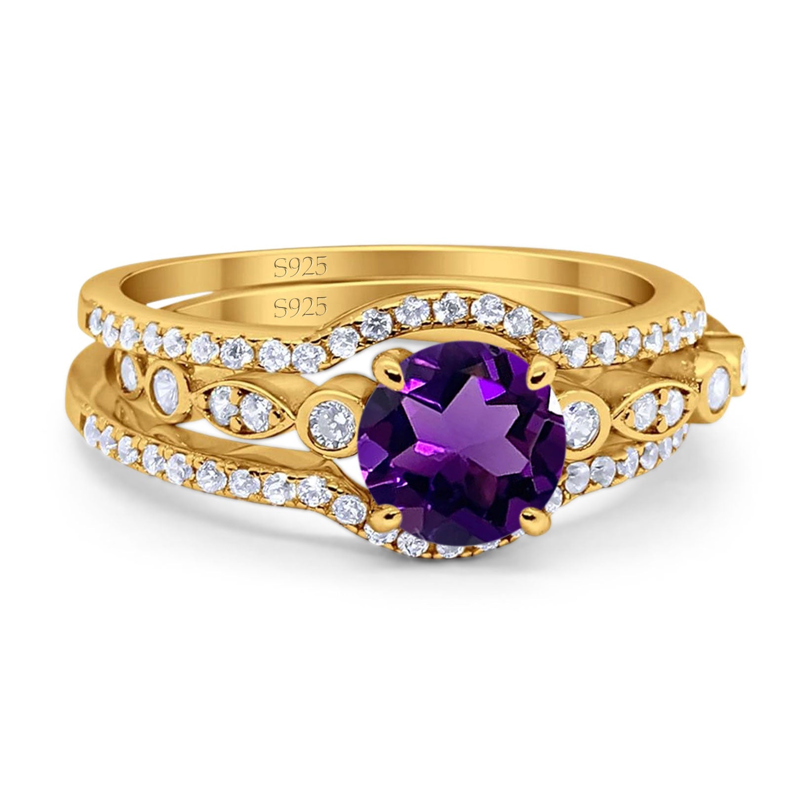 Three Piece Round Natural Stone Bridal Ring