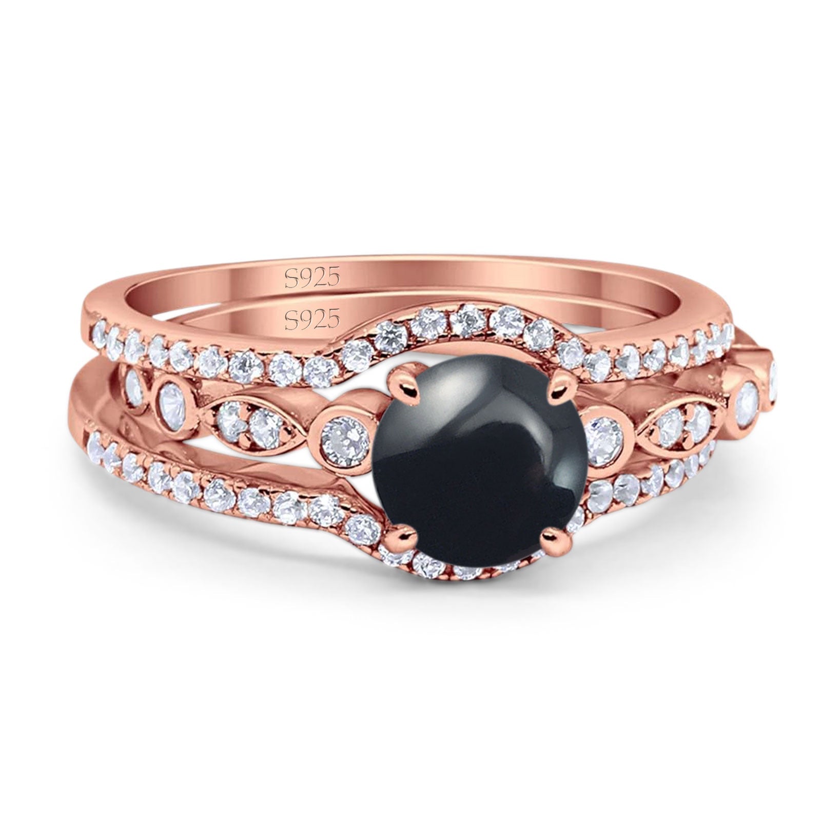 Three Piece Round Natural Stone Bridal Ring