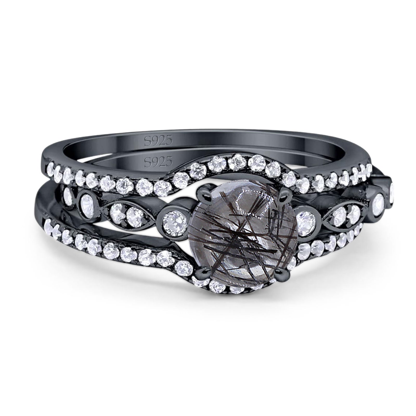 Three Piece Round Natural Stone Bridal Ring