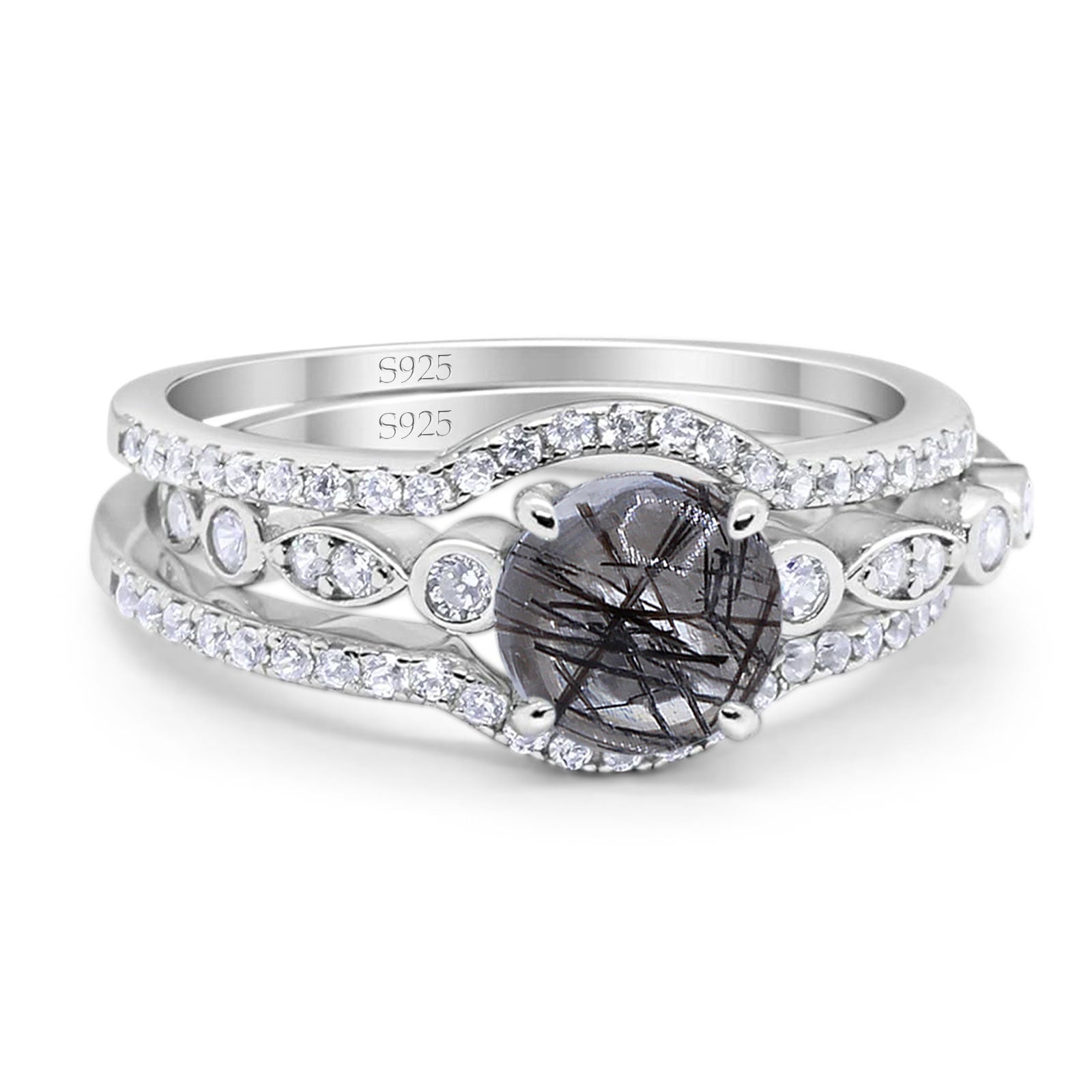 Three Piece Round Natural Stone Bridal Ring