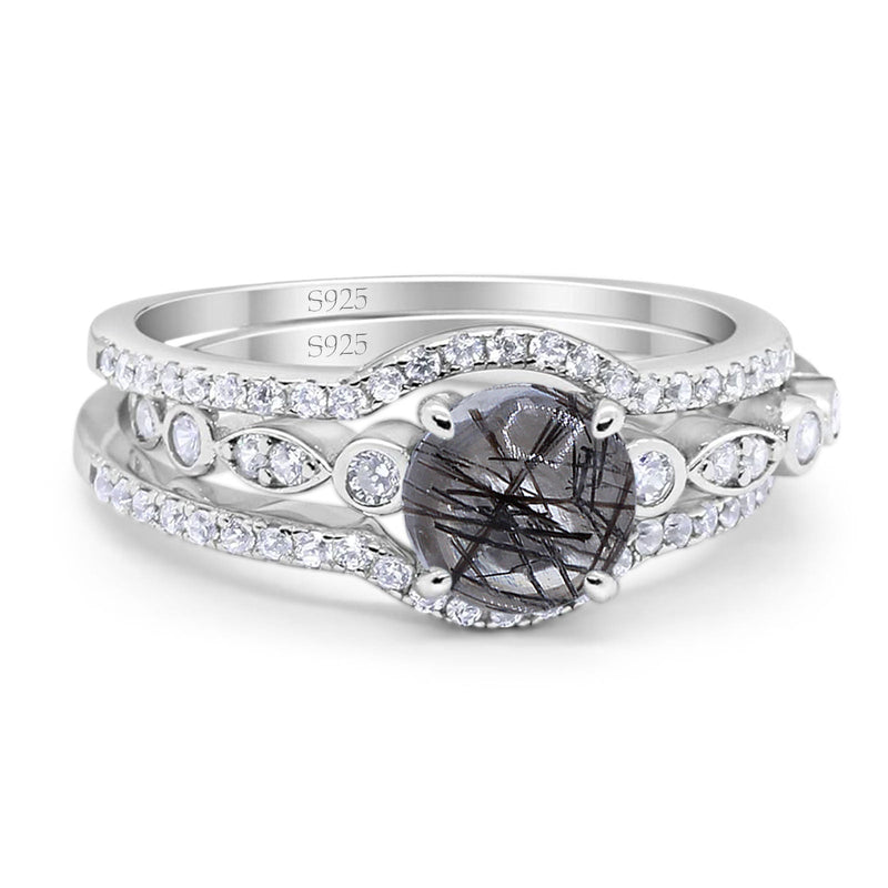 Three Piece Round Natural Stone Bridal Ring