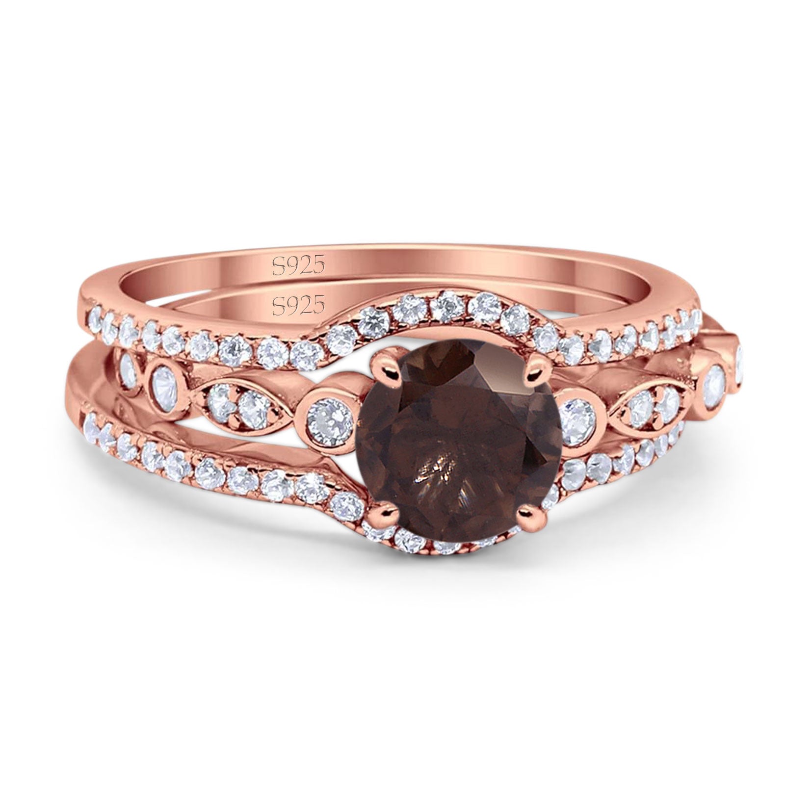 Three Piece Round Natural Stone Bridal Ring