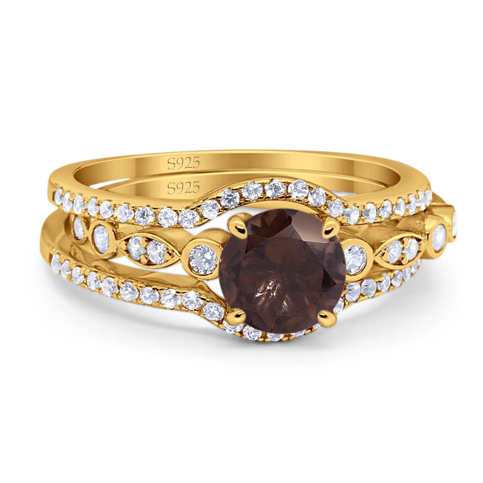 Three Piece Round Natural Stone Bridal Ring