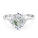 Art Deco Round Natural Green Moss Agate Flower Ring 925 Sterling Silver
