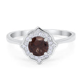 Art Deco Round Natural Chocolate Smoky Quartz Flower Ring 925 Sterling Silver