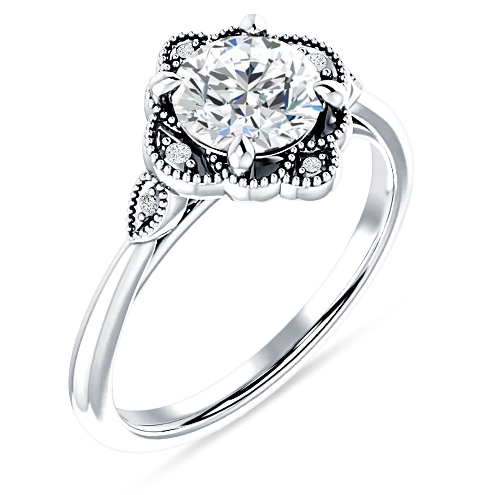 18K Gold IGI Certified Round 2 Carat Lab Grown Diamond Art Deco Floral Beaded Ring