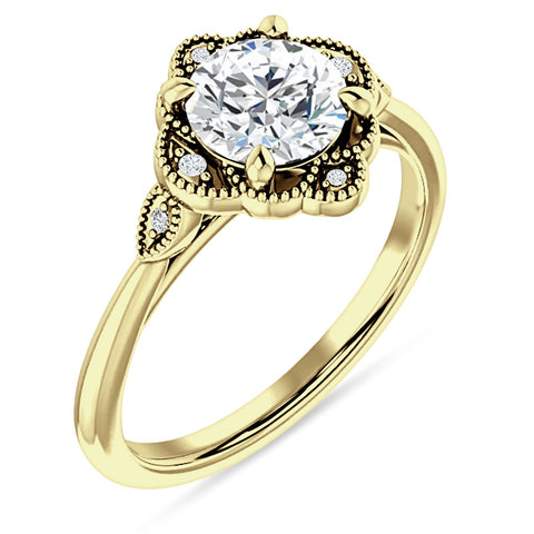 18K Gold IGI Certified Round 1 Carat Lab Grown Diamond Art Deco Floral Beaded Ring