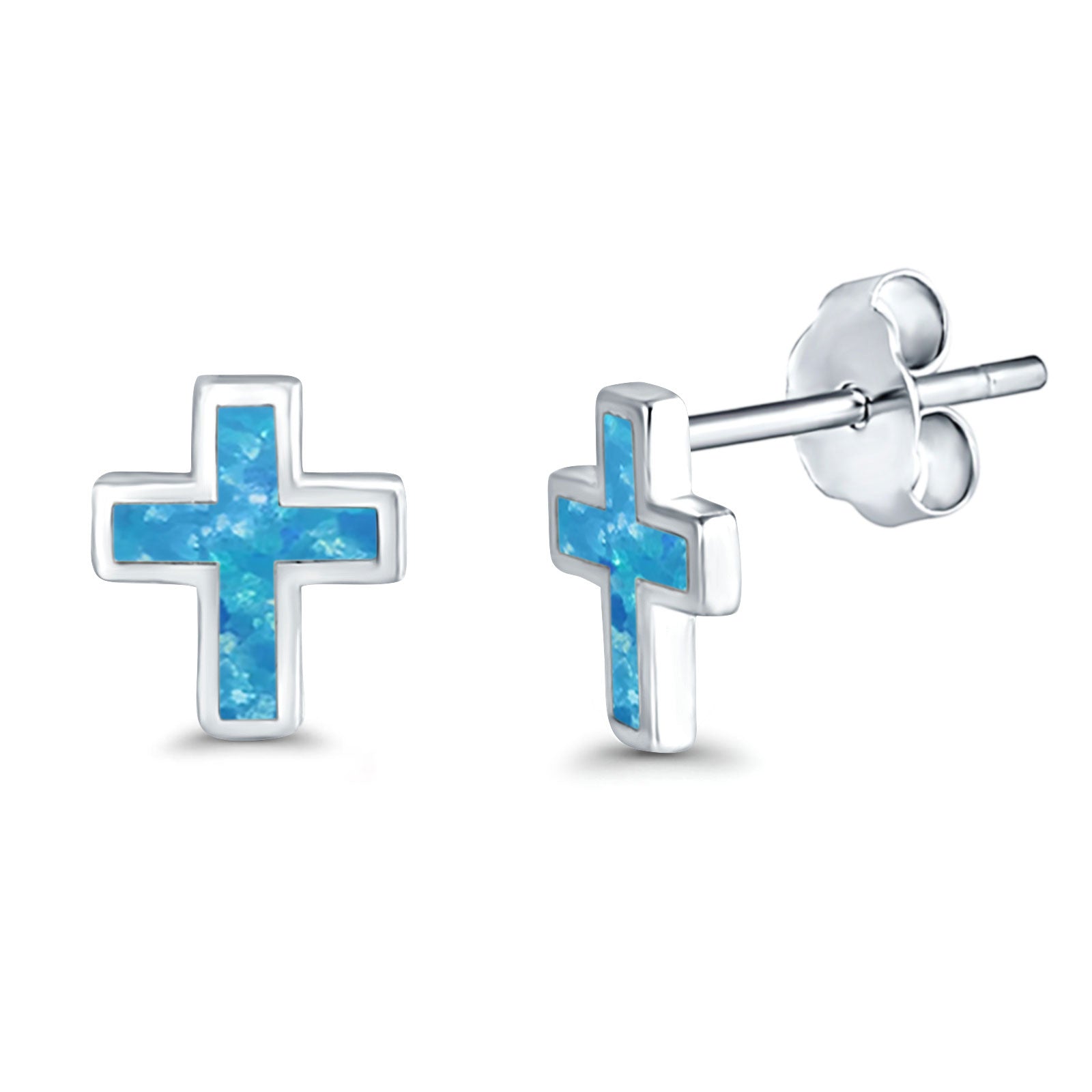 Cross Stud Earrings Lab Created Opal 925 Sterling Silver (14mm)