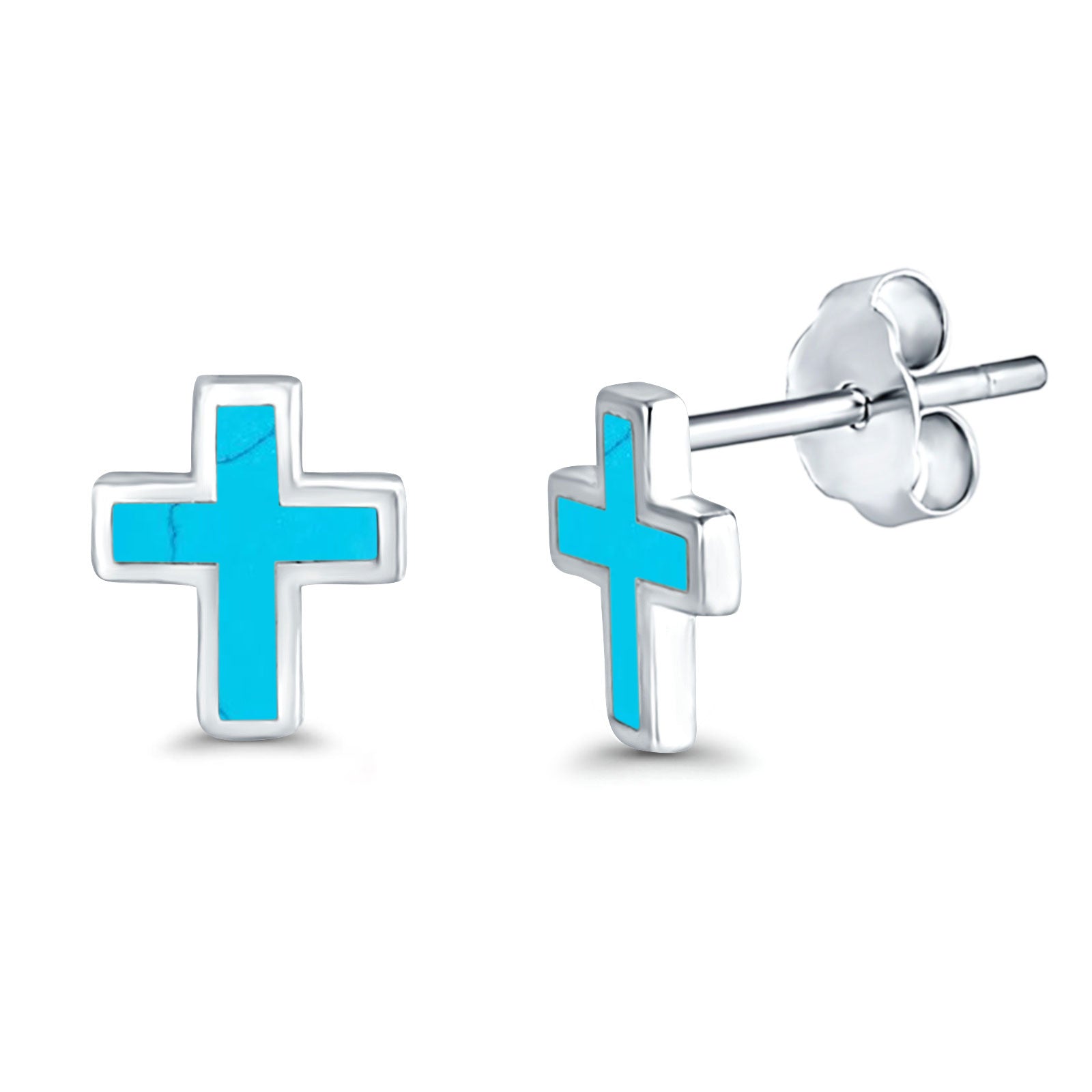 Cross Stud Earrings Lab Created Opal 925 Sterling Silver (14mm)