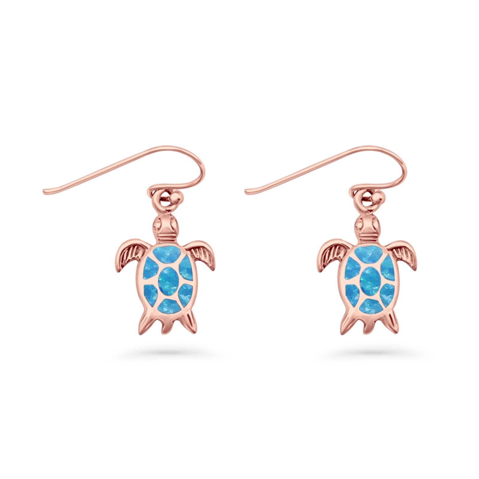 Art Deco 15.5mm Lab Created Blue Opal Dangle Turtle Fishhook Earring 925 Sterling Silver
