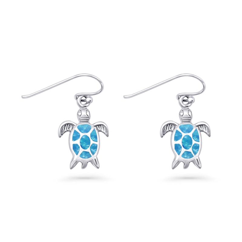 Art Deco 15.5mm Lab Created Blue Opal Dangle Turtle Fishhook Earring 925 Sterling Silver