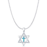 Lab Created Blue Opal & CZ Star Of David & Cross Pendant Bead Chain Necklace 925 Sterling Silver