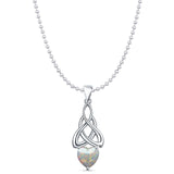Lab Created White Opal Celtic Heart Pendant Bead Chain Necklace 925 Sterling Silver